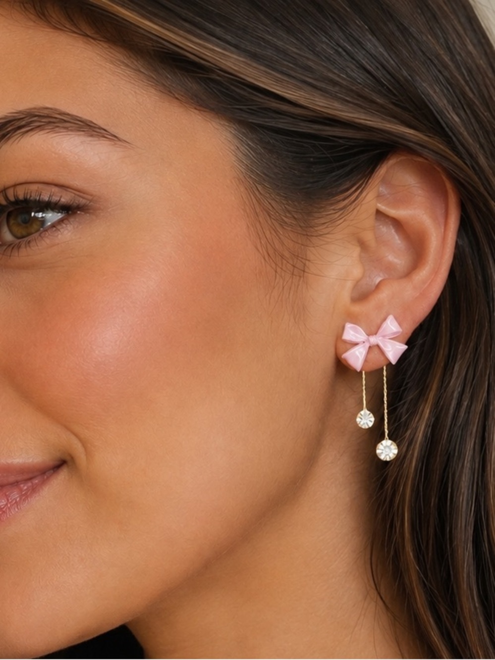 Pink Bow Drop Earrings with Gold Chains and Crystal Dangles